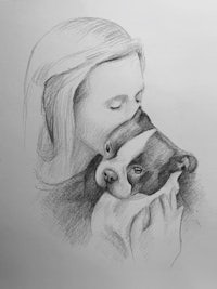 a drawing of a woman hugging a dog