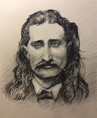a drawing of a man with long hair and a mustache
