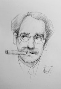 a pencil drawing of a man with glasses and a mustache