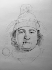 a drawing of a man wearing a hat and smoking a cigarette